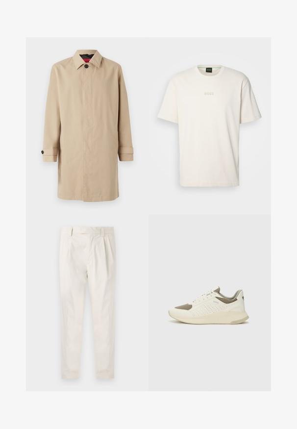 Bežs trančkotss ar taisnu siluetu, ar pogu aizdari, apkakli un sānu kabatām. Izgatavots no gludas, vieglas auduma.; BOSS TEE - Pamata T-krekls - open white; Baltas, pleitēts bikses ar piegriezumu, kas pielāgots figūrai, ar gludu tekstūru, jostas cilpām un sašaurinātiem galiem. Nav redzamu kabatu vai rakstu.; Baltas un gaiši bež sporta apavi, ar sieta augšdaļu, perforētiem detaļām un teksturētu vidusdaļu ar zīmolu uz papēža.