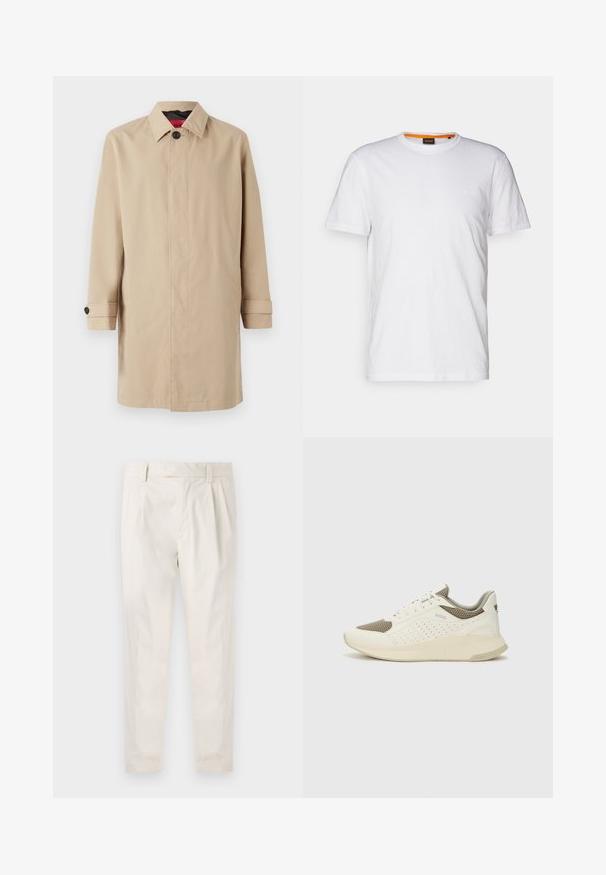 Beige trenchcoat med rett snitt, med knapplukking, krage og sidelommer. Laget av glatt, lett stoff.; Hvit t-skjorte av bomull med rund hals, korte ermer og en subtil preget logo på brystet. Innvendig etikett har en oransje aksent.; Hvite, pregede bukser med skreddersydd passform, som har en jevn tekstur, beltehemper og avsmalnende ben. Ingen synlige lommer eller mønstre.; Hvit og lysebeige treningssko, med en mesh-overdel, perforerte detaljer og en teksturert mellomsåle med merkevare på hælen.