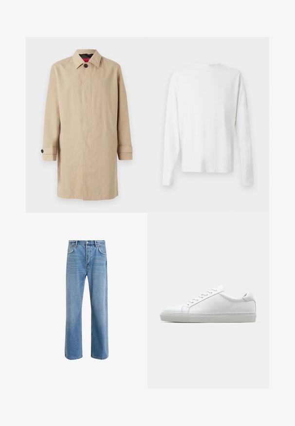 Bežs trančkotss ar taisnu siluetu, ar pogu aizdari, apkakli un sānu kabatām. Izgatavots no gludas, vieglas auduma.; Garums piedurkņu baltā kokvilnas krekls ar apaļu dekoltē, sānu šķēlumiem apakšā un gludu tekstūru, redzams no aizmugures.; Gai zilas džinsu bikses ar taisnām kājām, piecām kabatām, pogu aizvēršanu, minimālu izbalēšanu un kontrastējošiem šuvju elementiem.; Baltie sporta apavi ar gludu ādas virsu un zemu profilu. Iezīmējas ar noapaļotu purngalu, sešām acīm un teksturētu gumijas zoli.