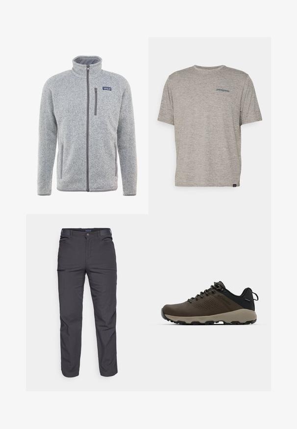 Gray fleece jacket with a high collar, full zipper, side pockets, and a chest pocket. Features textured fabric and contrasting accents.; Gray short-sleeve t-shirt made of soft, textured fabric featuring a small blue Patagonia logo on the left chest. No additional patterns.; Dark gray trousers made of durable fabric, featuring a zippered pocket, straight cut, and belt loops for adjustable fit.; Brown waterproof sneakers with a textured upper, perforated accents, black heel support, and a grey rubber sole. Laces are styled with metallic ends.