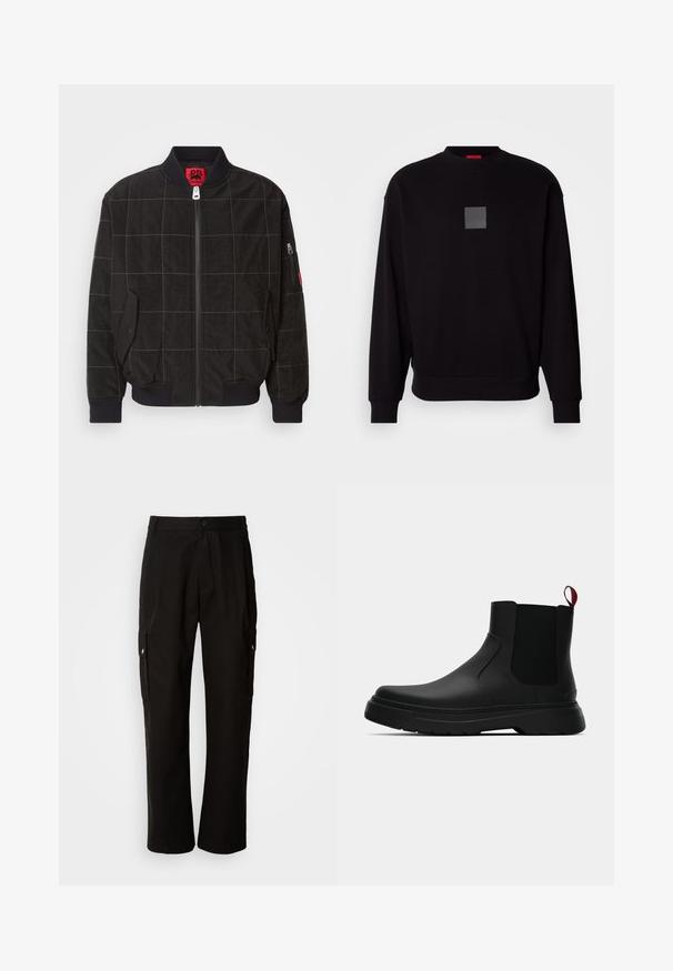 Crna bomber jakna s uzorkom u mrežu, zatvaranje na patentni zatvarač, rebraste manšete, bočne džepove i logotipske akcenta. Izrađena od teksturirane tkanine.; Crna dukserica dugih rukava, okruglog izreza, sivo kvadratno logo na prednjem dijelu, meke teksture i rebrastim manžetama i rubom.; Crne cargo hlače od pamuka s opuštenim krojem, koje imaju bočne džepove, kopčanje na gumb i ravne nogavice. Jednostavan dizajn bez uzoraka.; Crni gležnjači s glatkom površinom, elastičnim bočnim panelima i kontrastnom crvenom vučnom petljom, s debelim gumenim potplatom i zaobljenim vrhom.
