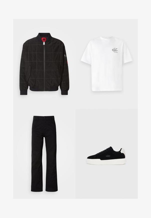 Černá bomber bunda s mřížkovaným vzorem, na zip, s žebrovanými manžetami, bočními kapsami a logovými akcenty. Vyrobena z texturované látky.; Bílý bavlněný tričko s krátkým rukávem, kulatým výstřihem, s černým logem CK na levé části hrudníku, standardní střih, hladká textura.; Černé bavlněné kalhoty se střihovým designem rovného nohu, s knoflíkovým zapínáním a poutky na opasek. Hladká textura a minimalistický styl bez viditelných vzorů.; Černé nízké tenisky s bílou podrážkou a patou, šněrování v přední části a logo Calvin Klein na boku.