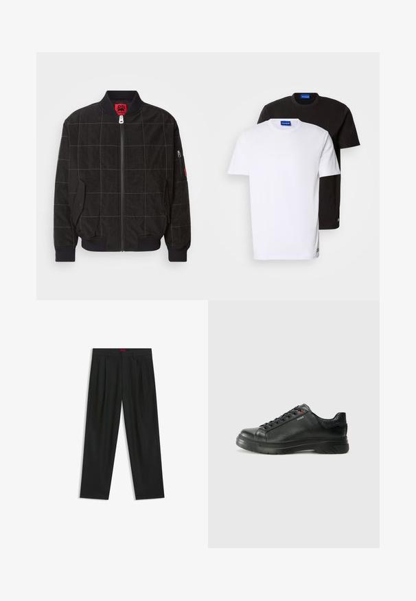 Svart bombarjacka med rutigt mönster, dragkedjestängning, ribbade ärmslut, sidofickor och logotypdetaljer. Tillverkad av strukturerad tyg.; Två t-shirts staplade: en vit och en svart. Kort ärm, rund halsringning, bomulls tyg. Har en liten blå logotyp vid halsringningen.; Svarta byxor med vikta detaljer, bred benform och en slät textur. Har en röd midjebandsetikett.; Svart lädersneaker med texturerad ovandel, vadderat krage och röd logotypdetalj. Utrustad med en tjock gummisula med distinkt mönster.