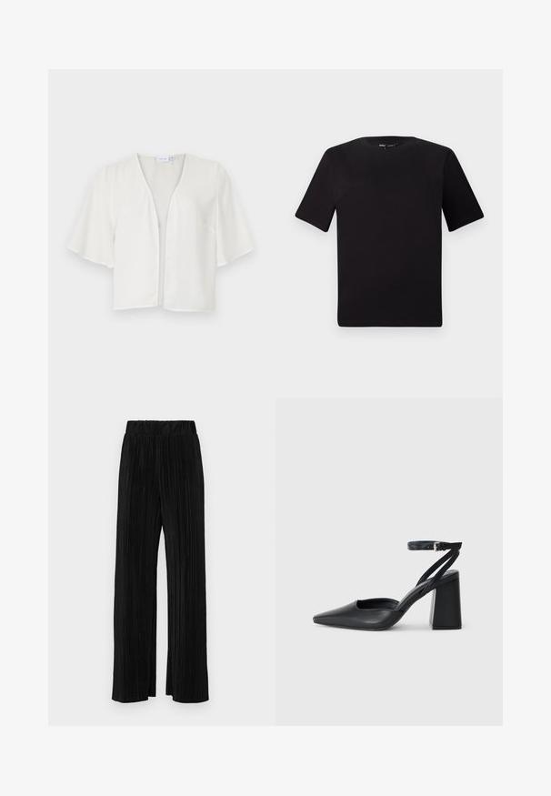 White short-sleeve blouse with a V-neck, lightweight fabric, open front, and soft texture. Minimalist design with no visible closures or embellishments.; Black short-sleeve t-shirt with a round neckline, crafted from soft cotton fabric. Simple design, no visible logos or patterns.; Black pleated trousers with an elastic waistband. Features wide legs and a smooth, textured fabric with vertical stripes.; Black leather pointy-toe pump with an ankle strap and a chunky heel. Flat texture, sleek design, and minimalistic aesthetics.