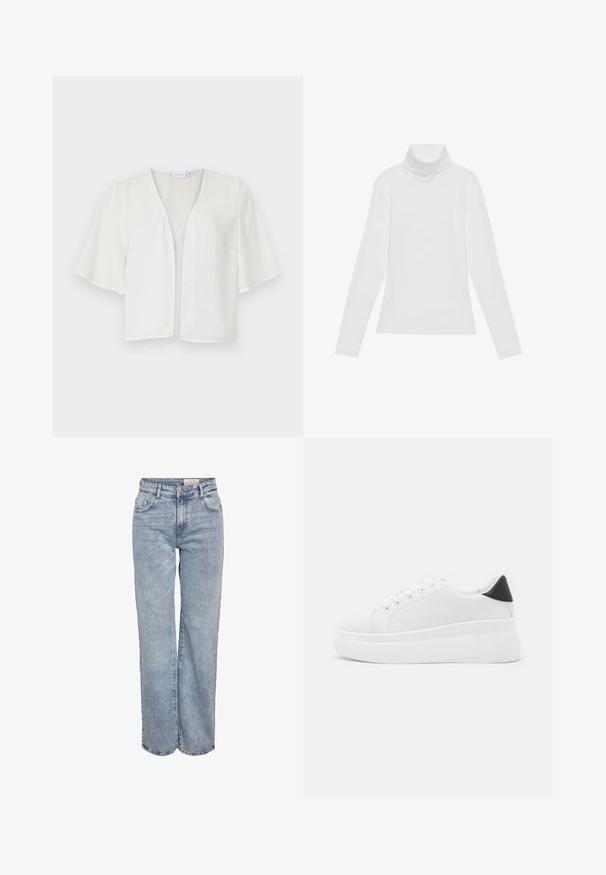 Bela kratka majica s kratkimi rokavi z V-izrezom, lahka tkanina, odprt sprednji del in mehak tekstura. Minimalistična zasnova brez vidnih zapiral in okraskov.; Bela dolga majica s turtleneck ovratnikom, izdelana iz gladke, raztegljive tkanine. Ima visok ovratnik in prilega telesu, brez vidnih vzorcev ali okrasitev.; Svjetloplave široke traperice od denima, sa visokim strukom, dizajnom s pet džepova i suptilnim blijeđenjem za izgled nakon nošenja.; Bele platform tenisice izdelane iz gladkega sintetičnega materiala, z zaobljenim prstom, sistemom vezalk in teksturiranim gumijastim podplatom. Črn dodatek na peti.