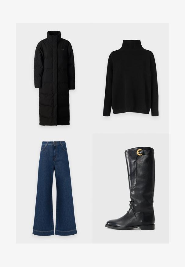 Fekete, hosszú pufi kabát magas gallérral, varrott panelekből és egyenes sziluettel. Elöl cipzáras, valamint oldalsó zsebekkel rendelkezik.; Fekete kötött pulóver magas bordázott gallérral, alacsony vállvonallal és laza szabással. Bordázott mandzsettákkal és szegéllyel rendelkezik a textúra érdekében.; Magas derekú, széles lábú kék farmernadrág, gombos záródással, övhurkokkal és diszkrét varrási részletekkel a zsebeknél és a szegélyeknél.; Fekete bőrből készült, térd fölé érő csizma, lekerekített orral, fűzős elülső résszel, oldalsó díszítéssel és arany színű csattal a tetején. Simább textúra.
