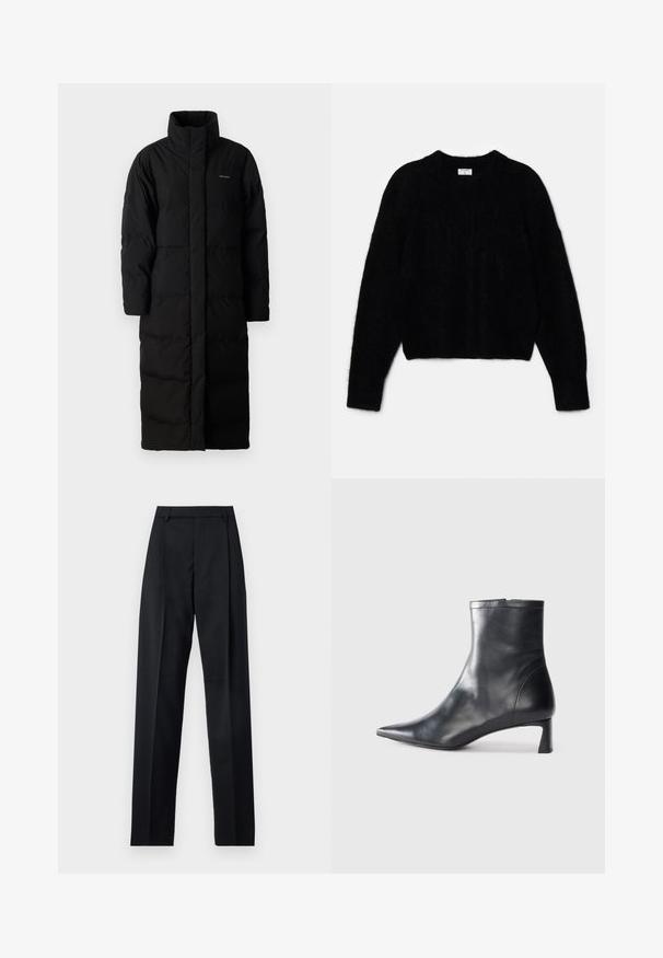 Musta, pikk matkaparka kõrge kraega, õmmeldud paneelidega ja sirge siluetiga. Omab esimest zippet ja külgtaskuid.; Must beebi, mis on tehtud karvase materjali jaoks. Omab ümarat kaelust ja pikki varrukaid, millel on pehme tekstuur. Minimalistlik disain, ilma mustriteta.; Mustad püksid siledast kangast, millel on kõrge vöökoht, laiad jalad, esimesed kortsud ja klassikalised vööloopid. Küljepockets pole nähtavad.; Mustad mustall nahkasaabas terava nina ja stiilse disainiga. Omab madalat konts ja luku sulgemist taga. Sile tekstuur.