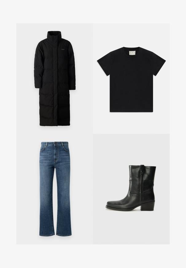 Černý dlouhý péřový kabát s vysokým límcem, prošitými panely a rovný silueta. Obsahuje přední zip a boční kapsy.; Černé tričko s krátkým rukávem a kulatým výstřihem s bílou cedulkou uvnitř límce s nápisem "D.R.C. EST. 2002" na bílém pozadí.; Džíny z rifloviny v tmavě modré barvě, s rovnými nohavicemi, pěti kapsami, zapínáním na knoflík a jemnými detaily prošívání.; Černá kožená kotníková bota s kulatou špičkou, blokovým podpatkem, bočním zipem a prošíváním na svršku. Hladký povrch, klasický design.