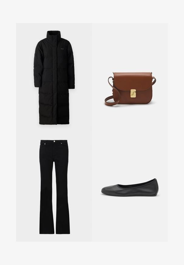 Musta, pikk matkaparka kõrge kraega, õmmeldud paneelidega ja sirge siluetiga. Omab esimest zippet ja külgtaskuid.; Must kannus varrukatega turtleneck, mis on valmistatud siledast kangast, koos rippuvate kraede ja liibuva siluetiga, millel on lihtsad servad.; Mustad teksased, millel on flared lõige, kaks esi-taskut, nööbiga kinnitamine ja sile tekstuur. Tootemärgistus on nähtav õmblustes.; Musthave mustika tantsutossud mustast nahast, ümmarguse varbaga, siledast tekstuurist, minimaalse õmblusdetailiga ja paindliku tallakujundusega.; Pruunist nahast käekott, millel on klapiga sulgur, kuldne riistvara, õlarihm ja sile tekstuur. Kompaktne ristkülikukujuline vorm.