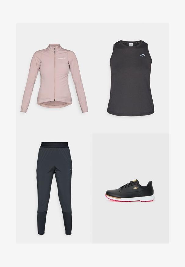 Lyserød cykeljakke med fuld lynlås, høj krave og lange ærmer. Har et logo på brystet og en struktureret kant.; Sort atletisk tanktop med rund halsudskæring, der har et lille blåt logo på brystet og er lavet af glat, letvægtsstof.; Nike træningsbukser i mørkegrå, med en tætsiddende ben-design, elastisk talje og detaljer ved manchetterne.; Sort golfsko med hvid sål, pink pigge, guld "S" logo og sorte snørebånd på en ensfarvet lys baggrund.