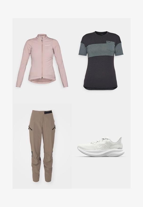 Hele roosa jalgrattajakk, mis on varustatud täispika tõmblukuga, kõrge kaelusega ja pikkade varrukatega. Rinnal on logo ja tekstureeritud äärega.; Lühikeste varrukatega t-särk tumesinises ja teal värvitoonis horisontaalse värviblokiga, millel on rinnatasku ja sildiga kaelas. ; Beezid väljas kantavad püksid mustade aktsentidega, valmistatud kergetest kangast. Omab reguleeritavat vöökohta, elastseid mansette ja külgzip-kotte.; Valged spordijalatsid, millel on tekstuuriga pealisosa, nööriga disain ja pehme tallaga, millel on lainekujuline profiil. Ainulaadne brändimine külgedel.