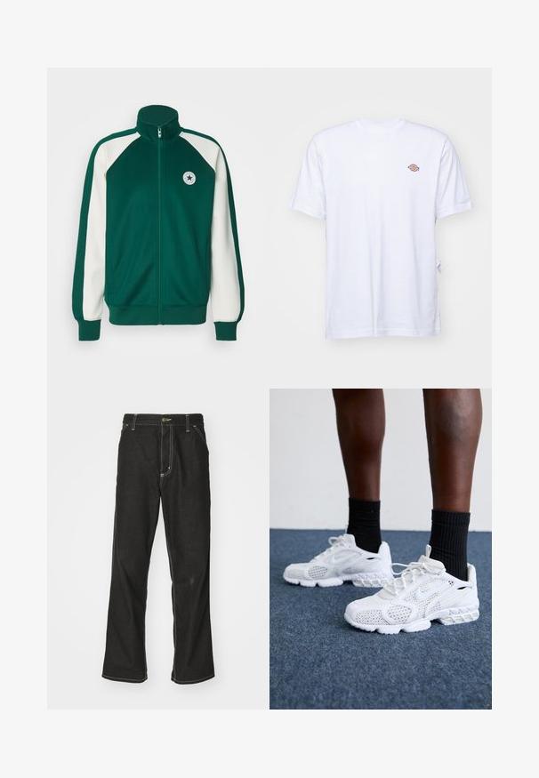 Zaļš rāvējslēdzēja sporta jaku ar baltajiem akcentiem, ar stāvošu apkakli un logo uzšuvi. Izgatavota no gludas auduma, ar garām piedurknēm un ribotiem aproces.; Balta kokvilnas t-kreklu ar V veida kakla izgriezumu un īsām piedurknēm. Uz kreisā krūts ir neliels krāsains izšūts logo. Mīksta tekstūra.; Melni džinsi ar brīvu piegriezumu, ar kontrastējošu baltu diegu, pogu aizdari un taisnu kāju dizainu.; Baltie sporta apavi ar sietiņu augšdaļu, rakstainiem akcentiem un mīkstu zoli. Apvienoti ar melniem ribotām potīšu zeķēm uz zilas paklāja virsmas.