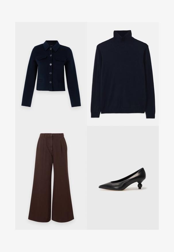 Mörkblå ullblandad jacka med krage, knappstängning, två bröstfickor och långa ärmar. Korthornad design med en slät yta.; Marinblå polotröja med långa ärmar, tillverkad av mjukt stickat tyg. Har en ribbad krage och mudd, med en enkel design utan mönster.; Högmidjade vida bruna byxor med knapp- och dragkedjestängning, bältesöglor och framveck.; Svart läderhögklackad sko med spetsig tå och rund, bollformad klack. Slät yta med en elegant, minimalistisk design.