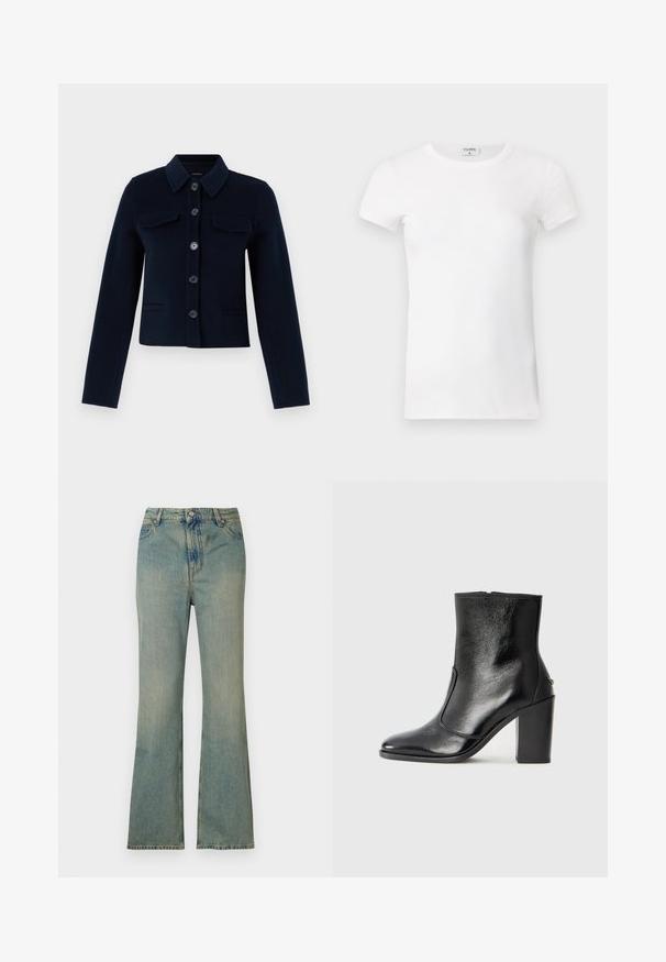 Jakna od vune plave boje s ovratnikom, dugmadi, dva džepa na prsima i dugim rukavima. Skraćeni dizajn s glatkom teksturom.; Bijela rebrasta kratkotrajna majica s okruglim izrezom. Tkanina izgleda glatko s prilagođenim siluetom. Vidljiva oznaka branda na ovratniku.; Svijetloplave traperflare traperice s visokim strukom, pet džepova i zatvaračem. Čista, izblijedjela završna obrada s suptilnim detaljima šivanja.; Crna kožna čizma do gležnjeva s glatkom teksturom, špicastim vrhom i debelim visokim potpeticama. Ima bočni otvor i minimalistički dizajn.