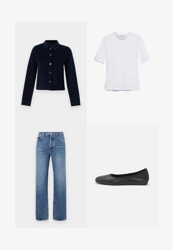 Marineblauwe wollen blend jas met een gekraagde hals, knoopsluiting, twee borstzakken en lange mouwen. Verkorte uitvoering met een gladde textuur.; Witte korte mouwen t-shirt van ribstof. Ronde halslijn, normale pasvorm en subtiele stiksels. Geen patronen of grafische elementen.; Blauwe denim jeans met een recht gesneden ontwerp, vijf zakken en riemlussen. De stof heeft een lichte vervaging en subtiele stiksels.; Zwarte leren ballerina met een ronde neus, gladde textuur, minimale stikdetails en een flexibele zoolontwerp.