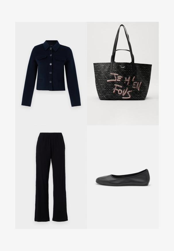 Navy blue wool blend jacket with a collared neck, button closure, two chest pockets, and long sleeves. Cropped design with a smooth texture.; White short-sleeve t-shirt made of ribbed fabric. Round neckline, regular fit, and subtle stitching details. No patterns or graphics.; Black, lightweight, elastic waist pants with a straight leg design. Soft texture with no visible patterns or accents. Simple and versatile style.; Black leather ballet flat with a rounded toe, smooth texture, minimal stitching detail, and a flexible sole design.; Black tote bag with textured material featuring a diamond pattern, shoulder straps, and bold red and white text reading “JE M'EN FOUS.”