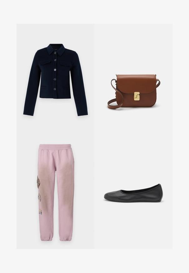 Svetlomodrý kabát z vlnenej zmesi s golierom, zapínaním na gombíky, dvoma náprsníkmi a dlhými rukávmi. Krátky strih s hladkou textúrou.; Biela krátka tričko s krátkymi rukávmi vyrobené z rebrovanej látky. Klasický okrúhly výstrih, bežný strih a jemné švy. Bez vzorov alebo grafiky.; Ružové tepláky s elastickým pásom, s ozdobnými nášivkami v tvare diamantu na ľavej strane a elastickými manžetami na členkoch.; Čierne kožené baleríny s okrúhlou špičkou, hladkým povrchom, minimálnym prešívaním a flexibilným dizajnom podrážky.; Hnedá kožená kabelka s klopou, zlatými kovovými prvkami, ramenným popruhom a hladkým povrchom. Kompaktný obdĺžnikový tvar.