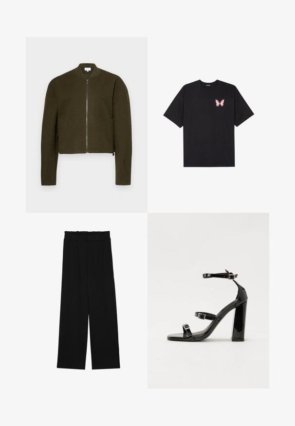 Casaco bomber verde-oliva com colarinho redondo, fecho de correr à frente e design cropped. Tecido suave e punhos canelados, apresentando bolsos laterais discretos.; T-shirt de algodão preto com mangas curtas, apresentando um pequeno gráfico de borboleta rosa no lado esquerdo do peito. Design de gola redonda com um corte solto.; Calças largas pretas com um cinto franzido, apresentando dois bolsos laterais e um tecido suave e leve. Sem padrões ou ferragens visíveis.; Sandálias de tacão preto laqueadas com bico quadrado, tiras para o tornozelo e fivelas prateadas. Apresentam um salto bloco chunky para estabilidade.