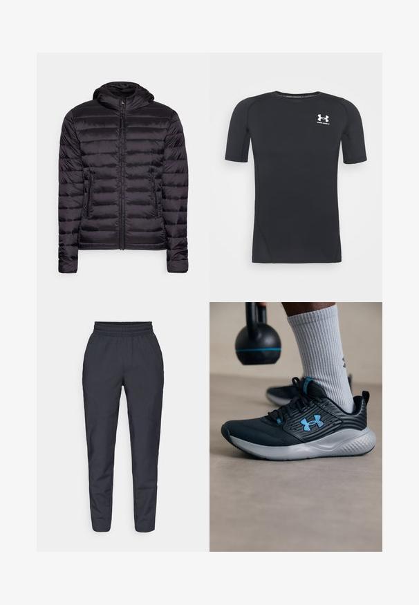 Czarna, lekka kurtka puchowa z kapturem, z zamkiem błyskawicznym i poziomym wzorem przeszyć. Gładka tekstura, dwie boczne kieszenie.; Czarny, krótki rękaw, sportowa koszulka wykonana z odprowadzającego wilgoć, elastycznego materiału. Posiada okrągły dekolt i małe białe logo na piersi.; Granatowe tapered spodnie wykonane z miękkiego materiału, z elastyczną talią, kieszeniami bocznymi oraz gładką teksturą z subtelnymi detalami w szwie.; Czarny but sportowy z niebieskimi akcentami, teksturowana cholewka i szara podeszwa. Założony z szarymi skarpetami w prążki, obok czarnego kettlebella.