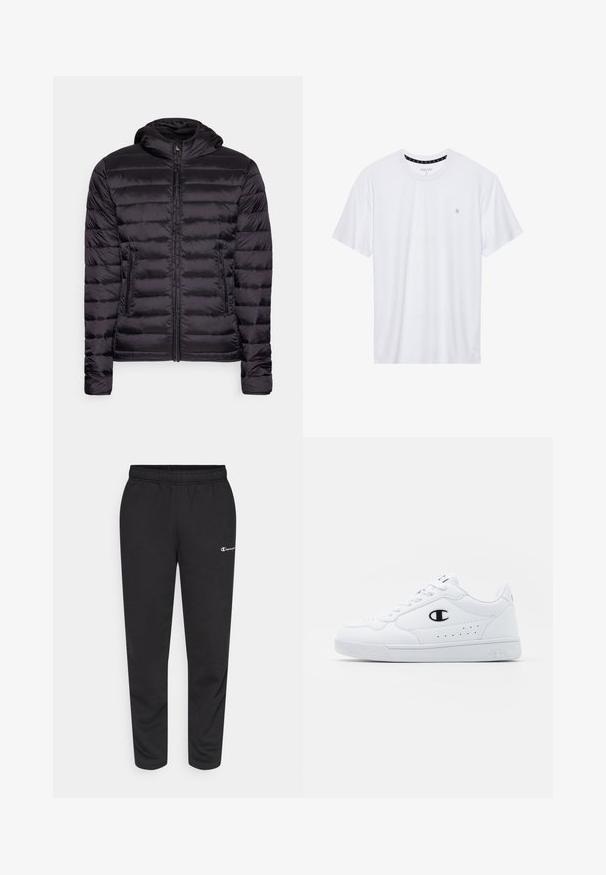 Sort letvægts pufferjakke med hætte, med lynlås-lukning og horisontalt syningsmønster. Glat tekstur, to sidelommer.; Hvid crewneck t-shirt lavet af bomuld, med korte ærmer og et lille logo broderet på venstre brystområde. Blød tekstur.; Sorte svedbukser lavet af en bomuldsblanding, med elastisk talje og et lille hvidt logo på venstre side. Bukserne har en tapered bendesign.; Hvide atletiske sneakers med en glat syntetisk overdel, sort logoaccent og perforerede detaljer på siden. Gummisål.