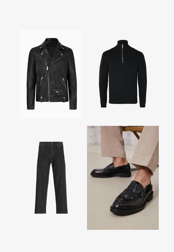 Schwarze Leder-Motorradjacke mit klassischem Kragen, diagonaler Vorderseite mit Reißverschluss, silbernen Beschlägen und seitlichen Reißverschlusstaschen. Glatte Textur.; Schwarzer Strickpullover mit Reißverschlusskragen und strukturiertem Design, mit einem Reißverschluss vorne und gerippten Bündchen und Saum.; Schwarze Jeans aus Denim mit geradem Bein, ausgestattet mit einem Reißverschluss, Gürtelschlaufen und sechs Taschen, gefertigt aus einem robusten Baumwollmischgewebe.; Schwarze Lederloafers mit glatter Oberfläche, ausgestattet mit einem dekorativen Riemen und Kontrastnähten, kombiniert mit beigen Hosen.