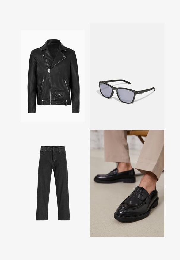 Zwarte leren motorjack met een klassieke kraag, diagonale ritssluiting, zilveren hardware en ritszakken aan de zijkant. Glad textuur.; Zwarte gebreide trui met ritskraag en een textuurdesign, met een ritsluiting aan de voorkant en ribgebreide manchetten en zoom.; Zwarte spijkerbroek met een recht model, voorzien van een rits, riemlussen en zes zakken, gemaakt van een stevige katoenmix.; Zwarte leren loafers met een gladde afwerking, voorzien van een decoratieve band en contrasterende stiksels, gecombineerd met beige broeken.; Sweet Protection TACHI REFLECT UNISEX - Zonnebril - rig obsidian/matte dark storm