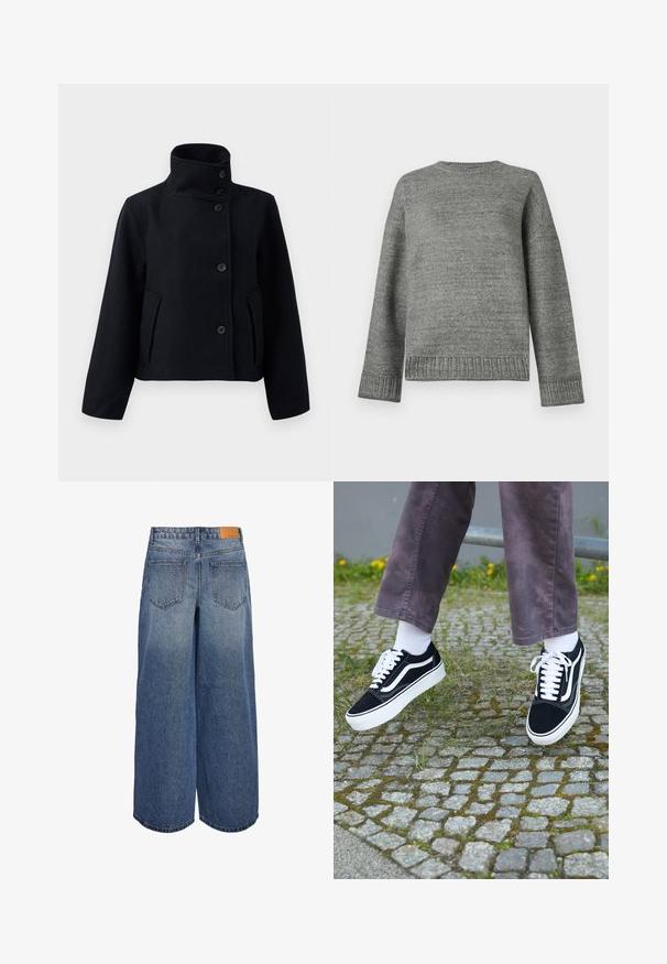Schwarze Wolljacke mit hohem Kragen, mit doppelter Knopfleiste, zwei seitlichen Taschen und taillierter Silhouette.; Grauer Strickpullover mit rundem Halsausschnitt, angeschnittenen Schultern und gerippten Bündchen und Saum. Glatte Textur in einer einheitlichen Farbe und mit minimalen Details.; Weite Denim-Culottes in mittlerem Blauton mit einer ausgewaschenen Textur, ausgestattet mit zwei Gesäßtaschen und einem braunen Leder-Logoschild am Bund.; Schwarze Wildleder-Sneaker mit weißen Akzenten, runder Zehenform, dicker weißer Sohle und klassischem Schnürdesign, getragen mit weißen Socken und lila Hose.
