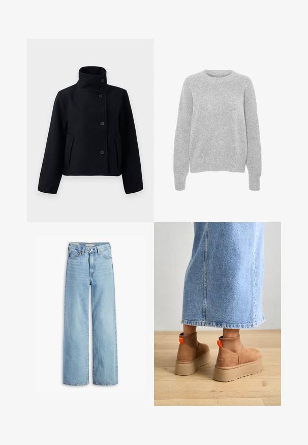 Giacca in lana nera con colletto alto, dotata di chiusura a doppio bottone, due tasche laterali e una silhouette sartoriale.; Maglione grigio lavorato a maglia con maniche lunghe, scollatura rotonda, polsini e orlo a coste, caratterizzato da una consistenza morbida e una vestibilità comoda.; Jeans a vita alta, blu chiaro, con gamba larga, chiusura anteriore con bottone e zip, passanti per cintura e stile a cinque tasche.; Stivali platform in suede marrone con pannelli laterali elastici e linguette arancioni, abbinati a una gonna di jeans chiara, lunga fino al ginocchio, su un pavimento di legno.