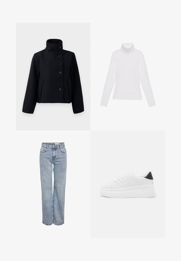 Sort uldjakke med høj krave, der har dobbeltknaplukning, to sidelommer og en skræddersyet silhuet.; Hvid langærmet turtle-neck top lavet af glat, strækbart stof. Har en høj krave og tætsiddende design, uden synlige mønstre eller udsmykninger.; Lyseblå vidde jeans lavet af denim, med høj talje, fem-lomme design og subtil falmning for et slidt look.; Hvide platform sneakers lavet af glat syntetisk materiale, med en afrundet tå, snørebåndsdesign og en struktureret gummisål. Sorte hæl akcent.