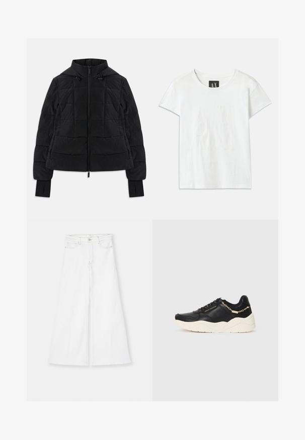 Juodas pūkuotas švarkas su kapišonu, priekinis užtrauktukas, reguliuojamos raišteliai ir pirštų angos ilguose rankovėse.; Balta medvilnė marškinėliai trumpomis rankovėmis, ant kurių priekyje iškeltas logotipas "AX" ir po juo subtilus tekstas "ARMANI EXCHANGE".; FRAME LE PALAZZO CROP RAW FRAY - Platėjantys džinsai - white; Juodos odinės sportinės batai su storu kreminiu padu, auksinės spalvos grandinėlės akcentu ir juodais raišteliais. Lygi tekstūra su iškilniu logotipu šone.