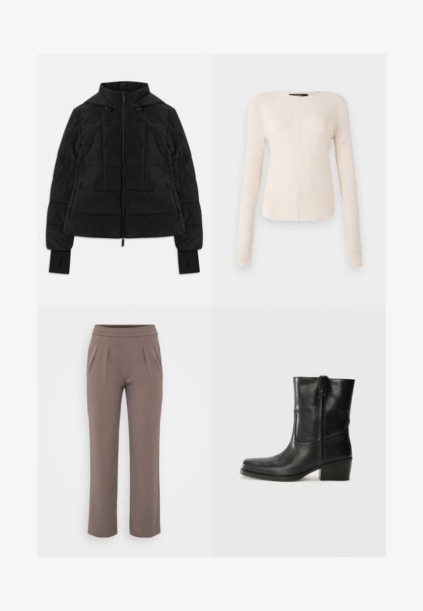 Černá prošívaná bunda s kapucí, předním zipem, nastavitelnými šňůrkami a manžetami s otvory na palce na dlouhých rukávech.; Dlouhý rukáv, světle béžový top s kulatým výstřihem. Vyrobeno z jemné látky, má středový šev a mírně zaoblený lem. Bez viditelné kovové úpravy.; Taupe volné kalhoty s elastickým pasem a předními záhyby, vyrobené z hladkého materiálu.; Černá kožená kotníková bota s kulatou špičkou, blokovým podpatkem, bočním zipem a prošíváním na svršku. Hladký povrch, klasický design.