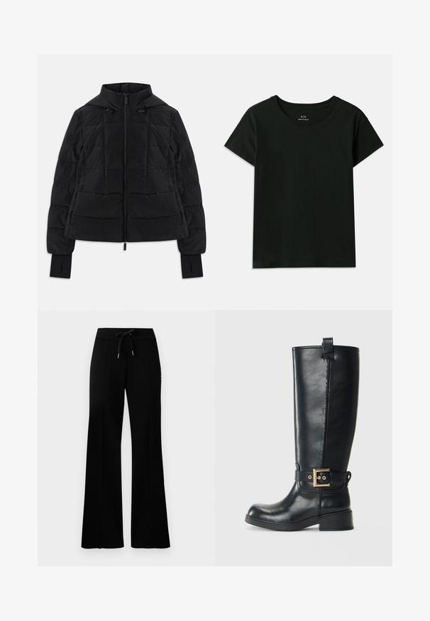 Černá prošívaná bunda s kapucí, předním zipem, nastavitelnými šňůrkami a manžetami s otvory na palce na dlouhých rukávech.; Černé tričko s krátkým rukávem vyrobené z bavlny. Má kulatý výstřih a vyražený text "Armani Exchange" podél ramene. Jednoduchý design.; Černé široké tepláky s elastickým pasem a šňůrkou, bočním rozparkem, měkkým materiálem a elegantním designem.; Černá kožená vysoká bota až ke kolenům s nízkým blokovým podpatkem, dekorativním zlatým páskem se sponou kolem kotníku a poutkem na stažení nahoře.