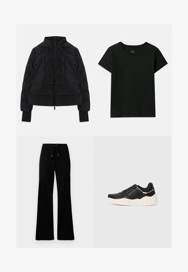 Črna prešita jakna s kapuco, sprednjim zadrgo, nastavljivimi vrvico in rokavi z odprtinami za prste.; Črna kratka majica s kratkimi rokavi, narejena iz bombaža. Ima okroglo izrez in embosirano besedilo "Armani Exchange" ob rami. Preprost dizajn.; Črne široke trenirke z elastičnim pasom na vrvico, stranskimi razporki, mehkega materiala in elegantnim dizajnom.; Črne usnjene teniske z debelim kremnim podplatom, zlatim verižnim detajlom in črnimi vezalkami. Gladka tekstura s sledečim logotipom na strani.