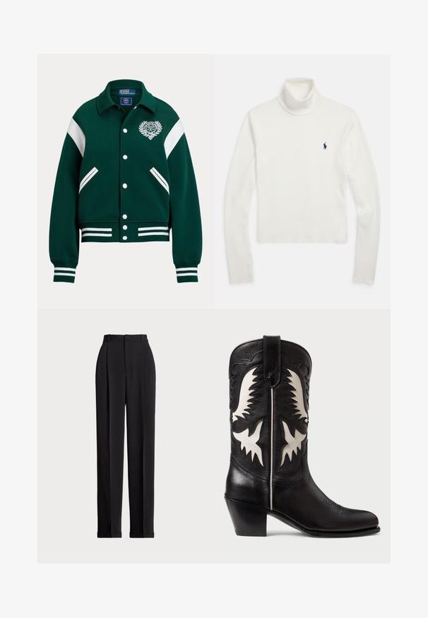 Jaqueta varsity verde com detalhes em faixas brancas, apresentando um logo no lado esquerdo do peito, fechamento com botões de pressão na frente e dois bolsos laterais.; Camisola branca de gola alta de manga longa com um pequeno logo de jogador de pólo azul-marinho no lado esquerdo do peito.; Calças pretas ajustadas com uma cintura alta, apresentando pregas na frente, um design de perna reta e bainha com punho. Feitas de tecido suave.; Botas de cowboy pretas em couro com detalhes angulares brancos, apresentando costuras decorativas, bico fino e um salto baixo em camadas.