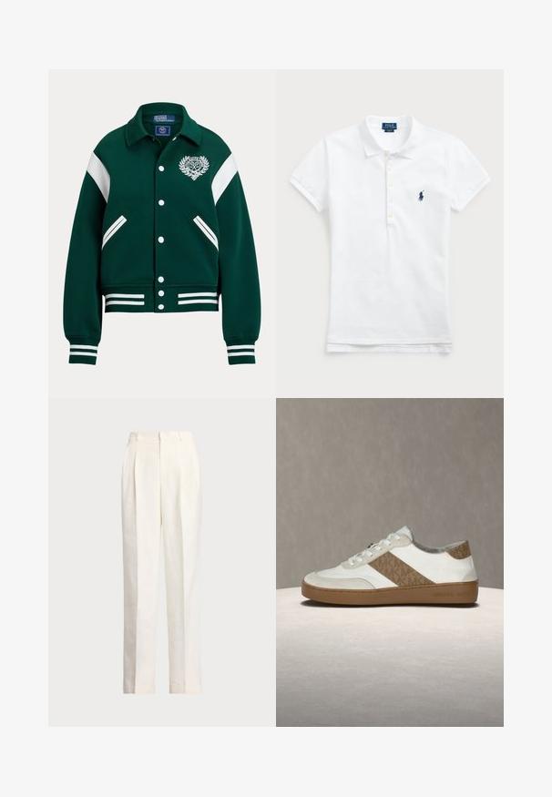 Zelena jakna s varsi stilom, s bijelim prugastim naglascima, koja ima logo na lijevoj strani prsiju, prednje kopčanje na snap gumbe i dvije bočne džepove.; Bijela pamučna polo majica s klasičnim ovratnikom, kratkim rukavima i na lijevoj strani prsa brodnim logom u tamnoplavoj boji. Pet gumbića.; Polo Ralph Lauren HEMP WIDE LEG PANT - Hlače - nevis; Bijela tenisica s lagano bež detaljima od brušene kože, uzorkovanom bočnom prugom, okruglim vrhom, bijelim vezicama i smeđim gumiranim potplatom. Logotip na peti.