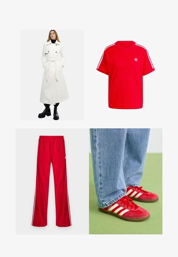 Witte lange jas met dubbelgeknoopte voorkant, grote knopen en een ceintuurband in de taille. Draagt over een zwarte turtleneck en gecombineerd met zwarte robuuste laarzen.; Rode katoenen t-shirt met een ronde halslijn, korte mouwen, witte drie-strepen accenten op de schouders en een klein wit logo op de borst.; Rode sportieve broek met een losse pasvorm, elastische tailleband, twee zijzakken en witte zijstrepen. Gemaakt van glad, synthetisch materiaal.; Rode suède sneakers met drie witte strepen, ronde neus en gestructureerde zool, gecombineerd met lichtblauwe spijkerbroek op een groene achtergrond.