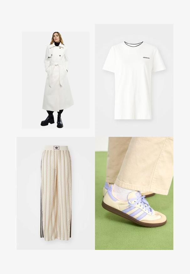 White long coat with double-breasted front, large buttons, and belted waist. Worn over a black turtleneck and paired with black chunky boots.; White cotton t-shirt with short sleeves and a round neckline. Features a black Adidas logo on the chest and a contrasting black inner collar.; Cream-colored wide-leg pants with a zigzag pattern, featuring a black logo waistband and side black stripes. Lightweight, textured fabric.; Cream and lavender sneakers with three stripes and a textured brown sole, featuring laces and a padded heel. Soft fabric upper.