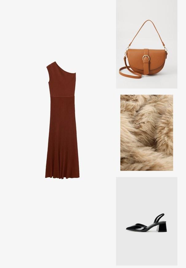 Tissu en fausse fourrure marron clair, doux et léger, avec une texture dense et duveteuse et de fines fibres flottantes qui se chevauchent dans différentes directions.; Robe côtelée marron asymétrique avec un design à une épaule ; corsage ajusté qui s'évasent en une large jupe. Texture lisse dans l'ensemble.; Escarpins en cuir verni noir avec bout pointu et talon bloc géométrique. Présente un design élégant et minimaliste ainsi qu'une texture lisse.; Sac bandoulière en cuir marron avec une forme incurvée, quincaillerie dorée et un accent en boucle. Comprend une bandoulière détachable.