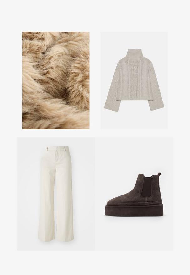 Pehmea, helepruun sünteetiline karvakangas, millel on tihe, udune tekstuur ja peened, hõbedased kiud, mis kattuvad erinevates suundades.; Lühendatud, heledast hallist kudumist valmistatud sviiter kõrge kraega ja ribidega mansettidega, millel on tekstuursed nööri mustrid seljal ja külgedel.; Laiad püksid helesbežis värvitoonis, valmistatud siledast kangast. Omavad klassikalist vööd ja siledat fronti puhaste joontega.; Pruunid suede Chelsea saapad elastsete külgpaneelidega ja paksu, tekstureeritud platvormitald. Omab kandmismugavuse jaoks kandaabi kandmisel.