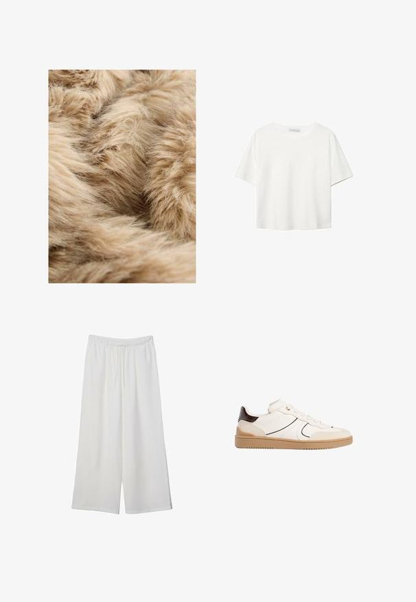 Tissu en fausse fourrure marron clair, doux et léger, avec une texture dense et duveteuse et de fines fibres flottantes qui se chevauchent dans différentes directions.; T-shirt blanc à manches courtes en coton. Doté d'un col ras du cou et d'une coupe décontractée. Texture lisse sans motifs ni accents visibles.; Pantalons larges blancs en tissu léger, avec une taille élastique et un cordon de serrage pour un ajustement réglable. Texture lisse.; Stradivarius Baskets basses - white