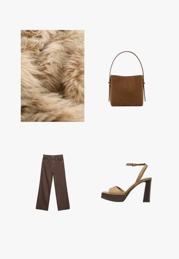 Meki, svijetlosmeđi umjetni krzneni materijal s gustim, pahuljastim teksturama i finim, prozračnim vlaknima koja se preklapaju u raznim smjerovima.; Smeđa pamučna majica kratkih rukava s dubokim V-izrezom. Jednostavan dizajn, mekana tekstura i ravni rub. Bez uzoraka ili naglasaka.; Proširene smeđe traperice od denima, s visokim strukom, prednjim džepovima i klasičnom kopčom na dugme. Glatka tekstura s suptilnim šavovima.; Beige suedirane sandale s visokim potpeticama, širokom prednjom trakom i trakicom oko gležnja, s debelom drvenom blok-potpeticom s teksturiranim završetkom.; Mango Ručna torba - brown