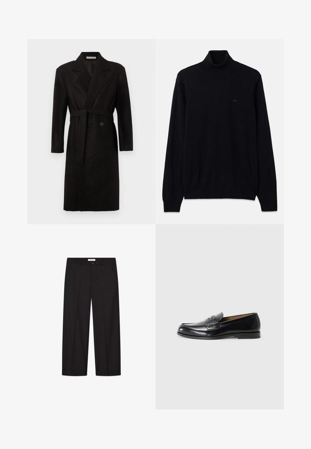 Černý vlněný kabát s páskem v pase, s výstřihem do klopy a dlouhými rukávy. Má zapínání na jeden knoflík a měkkou texturu.; Černý rolák vyrobený z měkké pleteniny, s dlouhými rukávy a ribovanými manžetami a spodním lemem. Na hrudi je drobný černý detail loga.; Černé kalhoty se širokými nohavicemi vyrobené z hladkého materiálu. Mají zapínání na knoflík a zip, dvě přední kapsy a ostrý lem.; Kožené mokasíny v černé barvě s hladkým povrchem, kulatou špičkou, dekorativním prošíváním a malým kovovým detailem na přední straně.