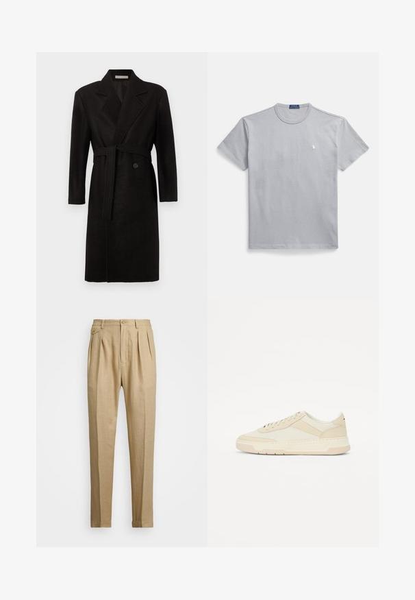Must villane mantel vöökohal vööga, sälkidega kraega ja pikkade varrukatega. Omadused: ühe nööbiga kinnitus ja pehme tekstuur.; Hall halli puuvillane T-särk ümmarguse kaelusega, lühikeste varrukatega ja väikese valge logoga vasakul rinnal. Sile tekstuur ja mugav lõige.; Bežid linasest püksid sirge lõikega, kahel esisel peenral, nööbiga kinnitamisel ja küljetaskutega. Tekstuuritud kangas sileda viimistlusega.; Beige tennis jalan, mis millega on valmistatud siledast nahast ja tekstiilist; madala profiiliga disain ümmarguse toe ja paeltemise sulgemisega; struktureeritud külgaksendid.