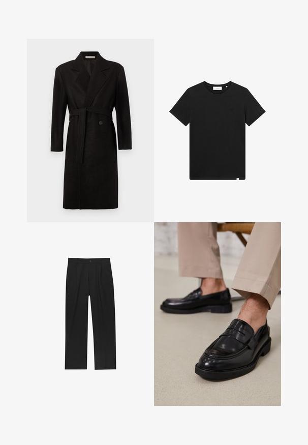 Zwarte wollen jas met een tailleceintuur, ingesneden revers en lange mouwen. Heeft een enkele knoopsluiting en een zachte textuur.; Zwarte T-shirt met korte mouwen van katoen, met een ronde hals en een klein logo geborduurd op de borst. Soepele textuur, normale pasvorm.; Zwarte broeken met een recht model, gemaakt van een gladde stof. Voorzien van een voorplooien en een enkele knoopsluiting bij de taille.; Zwarte leren loafers met een gladde afwerking, voorzien van een decoratieve band en contrasterende stiksels, gecombineerd met beige broeken.