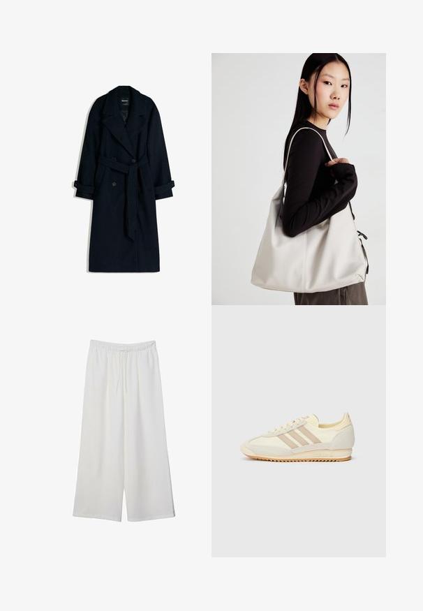 Długi, ciemnogranatowy płaszcz wełniany z podwójnym zapięciem, z dużym, wykładanym kołnierzem oraz paskiem do przewiązania. Posiada mankiety z podwinięciem i wyraźny kształt.; Biała koszulka z krótkim rękawem, wykonana z bawełny. Posiada okrągły dekolt i luźny krój. Gładka faktura bez widocznych wzorów czy akcentów.; Białe szerokie spodnie wykonane z lekkiego materiału, z elastyczną talią i sznurkiem do regulacji fasonu. Gładka tekstura.; Kremowe sportowe sneakersy z trzema beżowymi paskami, wykonane z zamszu i materiałów tekstylnych, z teksturowaną podeszwą oraz wytłoczonym logo na pięcie.; Beżowa torebka wykonana z miękkiego materiału, charakteryzująca się luźnym fasonem, wyszywanymi detalami i dwoma uchwytami na ramię. Idealna na co dzień.