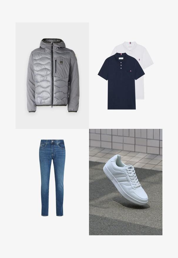 Giacca imbottita grigia con cappuccio, caratterizzata da motivi a onda, chiusura frontale con zip e rifiniture a contrasto sul colletto e sui polsini. Include una tasca sul petto.; Due polo shirt: uno blu navy e uno bianco, entrambi con un piccolo accento rosso, bianco e blu sulla tasca del petto e sul colletto.; Jeans in denim blu a taglio slim con cinque tasche, passanti per cintura e chiusura con bottone e zip.; Sneaker sportivo bianco con tomaia in pelle liscia, chiusura con lacci, punta perforata e suola decorata. Design minimalista con tre strisce laterali.