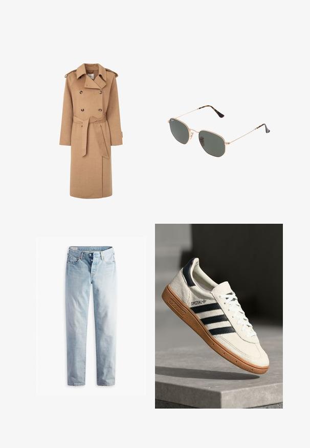 Beżowy wełniany płaszcz trench z podwójnym zapięciem na guziki, paskiem w talii, szerokim kołnierzem i naramiennikami. Gładka faktura i długość do kolan.; Szary sweter z okrągłym dekoltem, długimi rękawami i ściągaczami przy mankietach. Materiał wydaje się miękki, o lekkiej teksturze i lekko luźnym kroju.; Jasnoniebieskie dżinsy o prostym kroju nogawki, z dwiema kieszeniami z przodu i dwiema z tyłu. Posiadają zapięcie na dwa guziki i subtelne przeszycia.; Białe zamszowe sneakersy z granatowymi paskami, gumową podeszwą, teksturowaną górą, okrągłym noskiem i sznurowaniem; posiadają logo po boku i na języku.; Złote okulary przeciwsłoneczne w stylu aviatora z ciemnozielonymi soczewkami, z wąskimi ramionami i akcentami w panterkę na końcach.