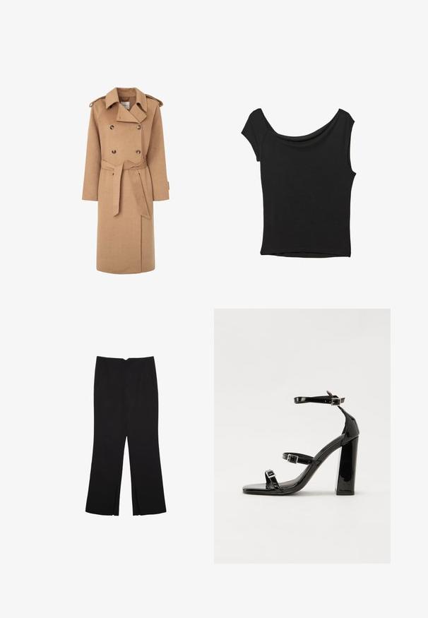 Bežna volnena plašč s dvojnimi gumbi, pasom, širokim ovratnikom in epauletami na rami. Gladka tekstura in oblika do kolen.; Črna kratka majica s kratkimi rokavi iz gladkega blaga; ima drapiran izrez in asimetrično spodnjo rob, s prilegnjenim telesom.; Črne hlače ravnega kroja z naglavnimi žepi in stranskimi razporki na robu. Narejene iz mehke, gladke tkanine. Primerne za različne priložnosti.; Črne lakirane sandale s peto, kvadratnim prstom, trakovi okrog gležnja in srebrnimi zaponkami. Opremljene so s stabilno Debelo peto.
