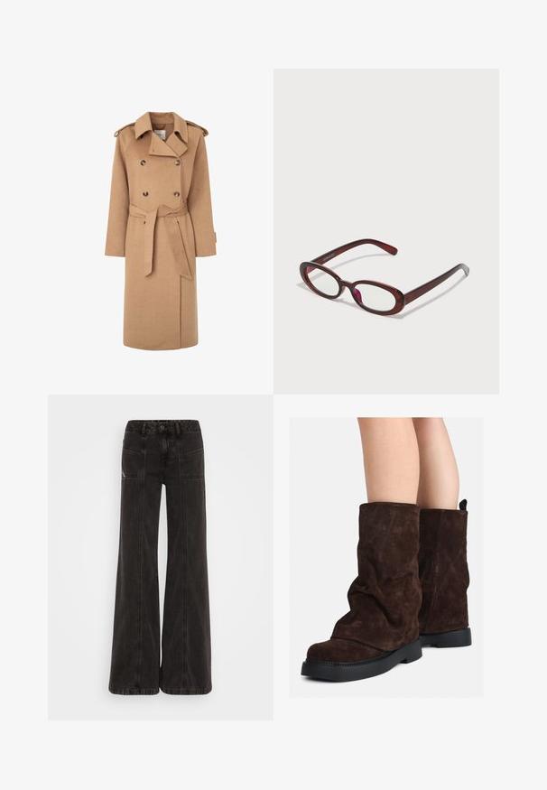Béžový vlněný trenčkot s dvojitým zapínáním, opaskem v pase, širším límcem a ramenními epauletami. Hladká textura a design do délky po kolena.; Svetle zelená košile s dlouhým rukávem, zapínáním na knoflíky, límečkem, texturovanou tkaninou a detailem kravaty na manžetách. Rovný lem.; Černé široké džínové kalhoty s vysokým pasem, předními kapsami a tonálními švy podél švů.; Hnědé semišové kozačky po lýtka s černými gumovými podrážkami nošené na nahých nohách, s mírným pomačkáním na nohavicích.; Ovalo tvarované červené sluneční brýle s průhlednými skly a elegantními hnědými rámy. Design má jemné křivky a minimální hardware.