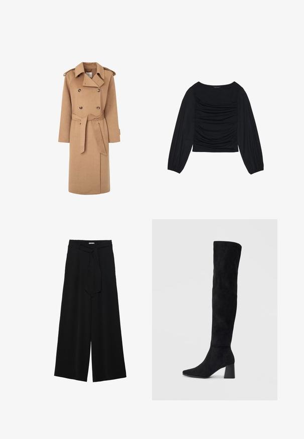 Bežinis vilnonis paltas su dvigubais sagais, diržu liemeniui, plačiu apykaklės dizainu ir petnešomis. Lygi tekstūra ir kelių ilgio modelis.; Juodas ilgomis rankovėmis viršus, su surinkta medžiaga priekyje ir ant riešų, pagamintas iš minkštos, elastingos medžiagos, su laivagalio kaklu.; Juoda plačių kojų kelnės, pagamintos iš tekstūruoto audinio, su elastingu juosmeniu ir atsegamu diržu juosmenyje, leidžiančiu reguliuoti dydį.; Juoda zomšinė kelio ilgio batai su blokuotu kulnu, smailiu nosiu ir lygiu, be siūlių dizainu ant paprastos šviesios fono.